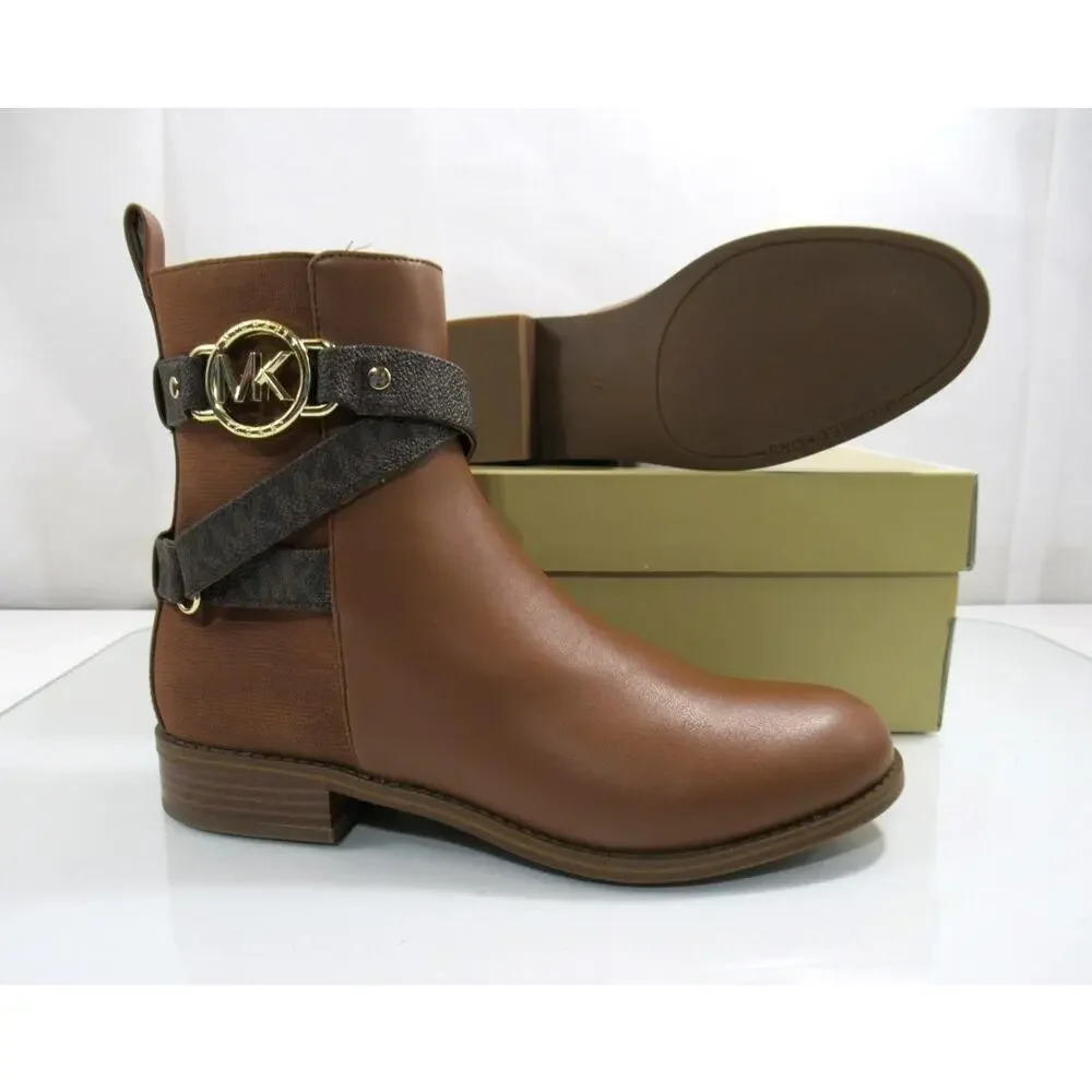 Michael Kors Rory Flat Bootie Ankle Boots MK Logo Hardware Luggage Size 8